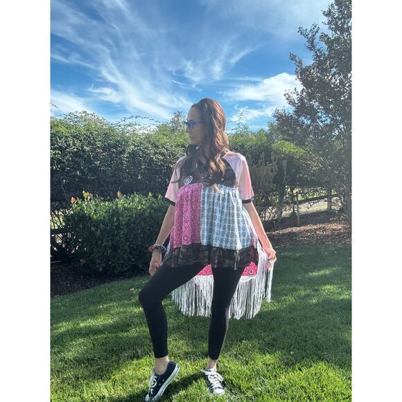 SHUGGIE FIERCE Upcycle USA Camo Boho Vibe Fringed Top Size S-M | QUICK SHIP - Picture 1 of 8